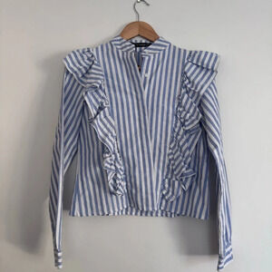 Haute Rogue Striped long sleeve button up top with ruffled details Size: Small